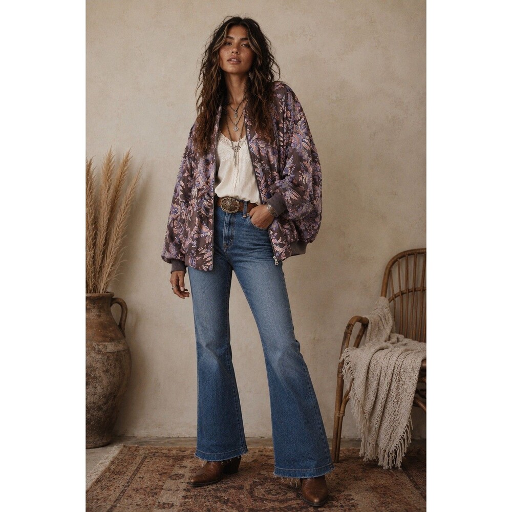 Free People Printed Silken Pillow Bomber Jacket Oversized Sz Medium Paisley Boho
